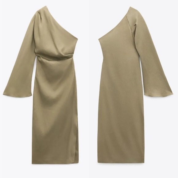 Zara Linen Khaki Green One shoulder dress! Brand New With Tags!! - Picture 4 of 5